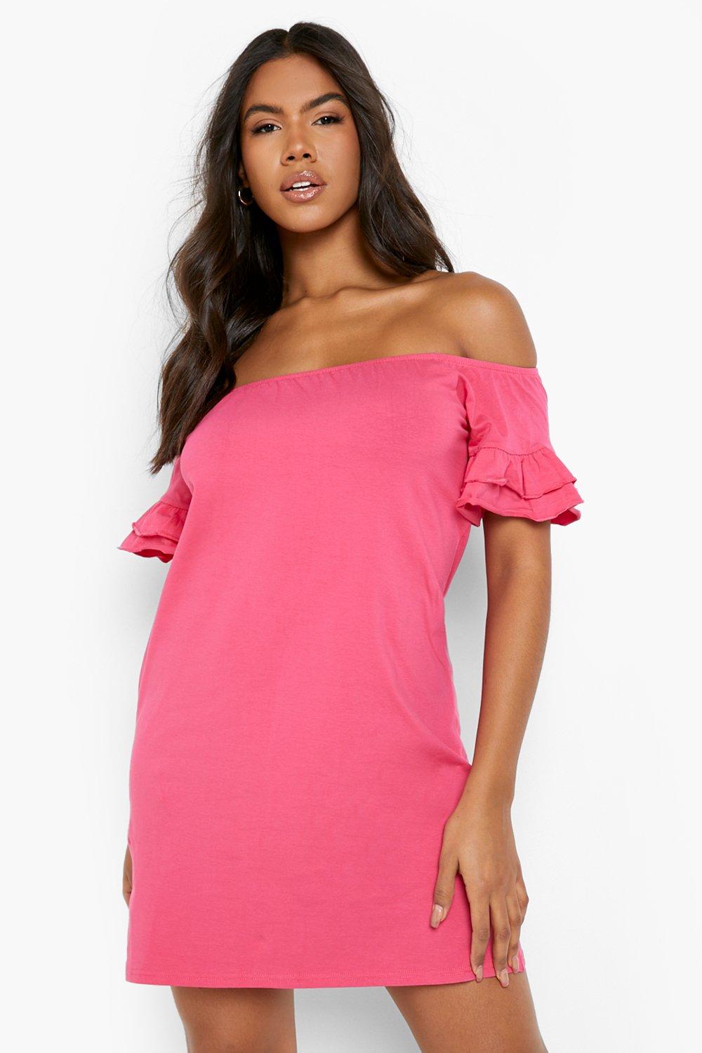 Bright pink off outlet the shoulder dress